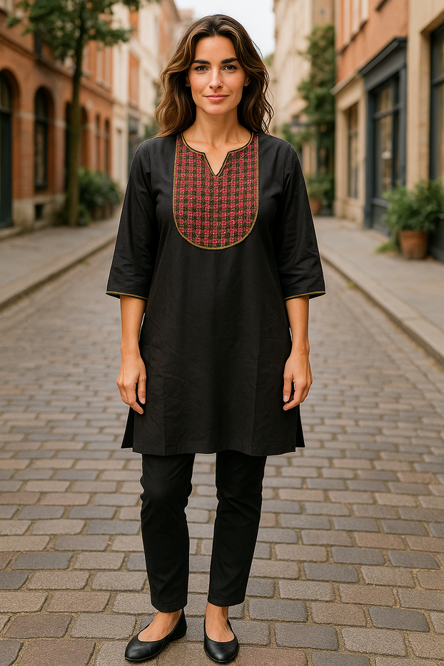 Black Tunic for Women Red Flower with Green Piping, Round Neck, 3/4 Sleeveless Kurti, Top.