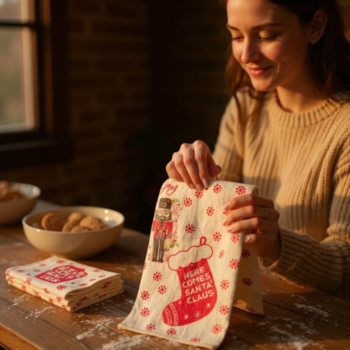 Set of 6, 100% Cotton Assorted Funny Christmas Kitchen Towels with Sentiments on White & Dark Linen Soft and Absorbent Tea Towels / Kitchen Towel Size: 15” x 25".