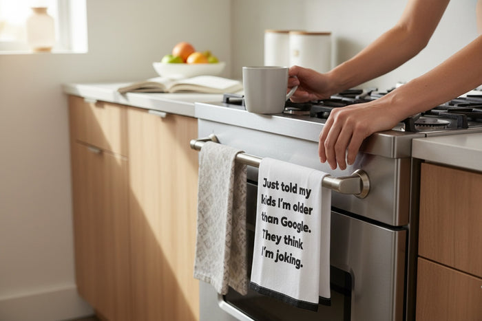 Set of 2 100% Cotton White Printed Flour Sack Kitchen Towels. Just Told My Kids I'm Older, They Google. They Think I'm Joking. - Size: 15 X 25 inches.