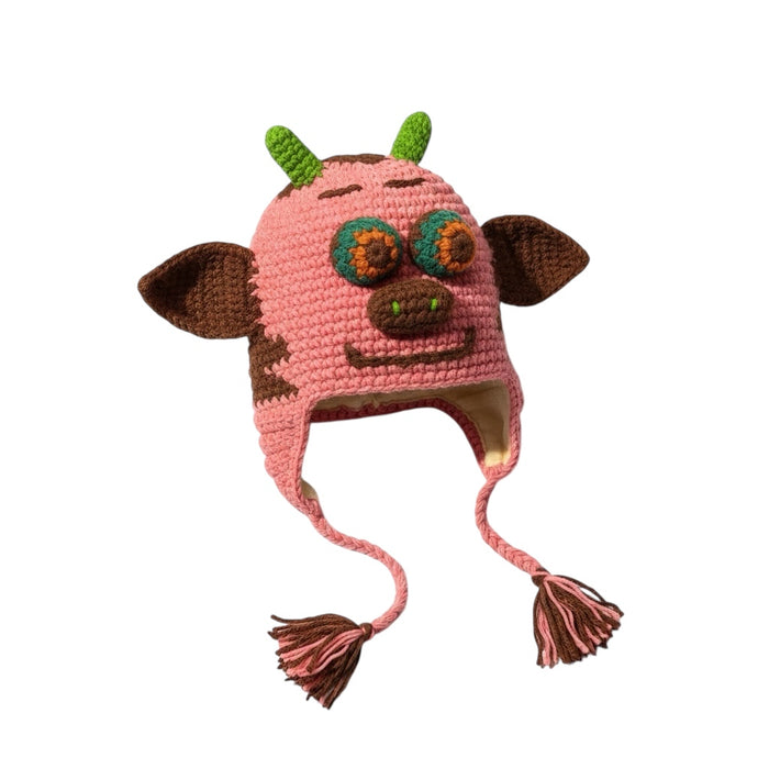 Handmade Animal Character Wool with Fleece Lined Adult Winter Hat, One Size fits