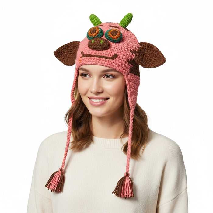 Handmade Animal Character Wool with Fleece Lined Adult Winter Hat, One Size fits
