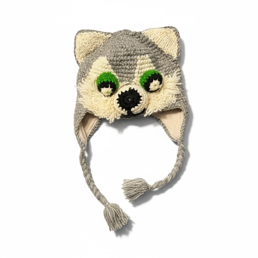 Handmade Animal Character Wool with Fleece Lined Adult Winter Hat, One Size fits