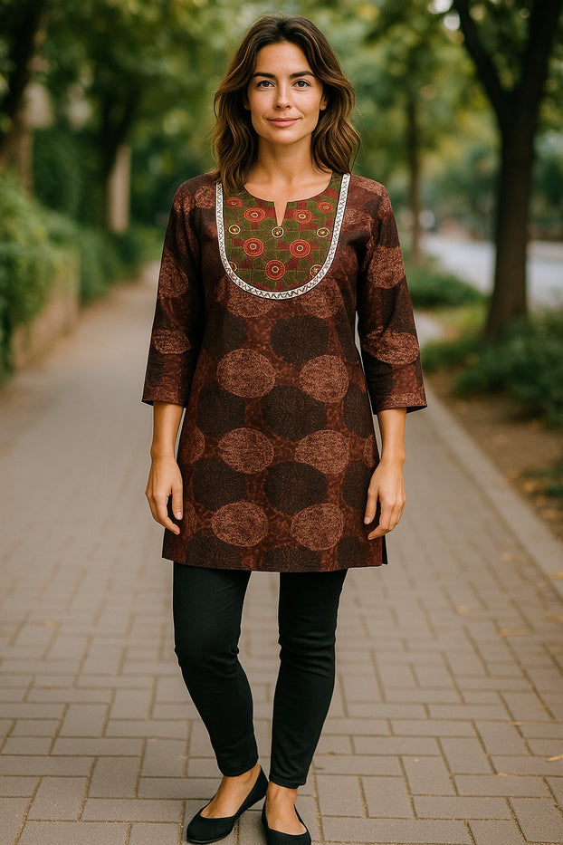 Geometric patterns tunic with multi color embroidered neckline, 3/4 Sleeve, Roundneck Kurti