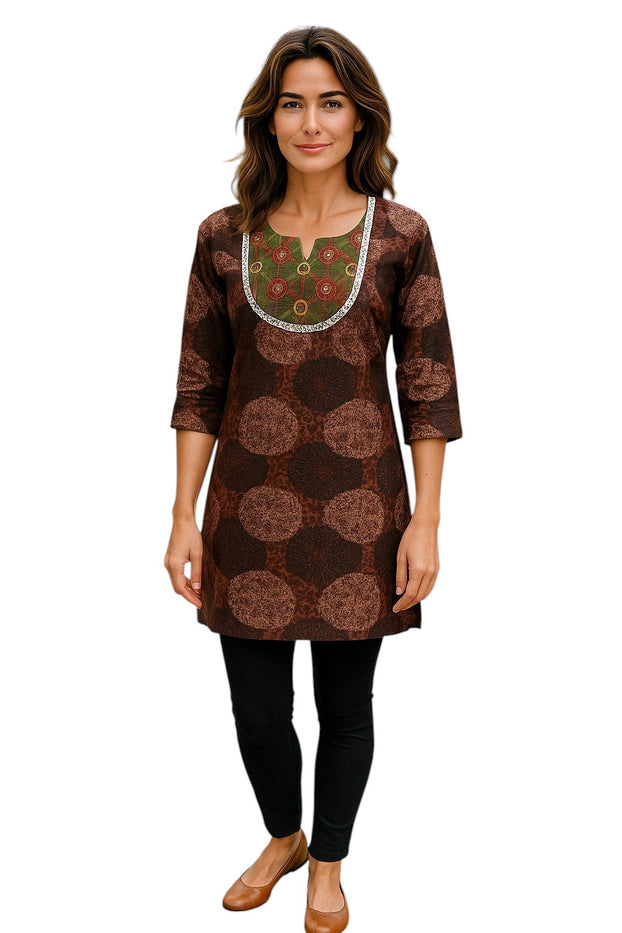 Geometric patterns tunic with multi color embroidered neckline, 3/4 Sleeve, Roundneck Kurti
