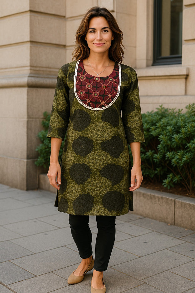 Geometric patterns tunic with multi color embroidered neckline, 3/4 Sleeve, Roundneck Kurti