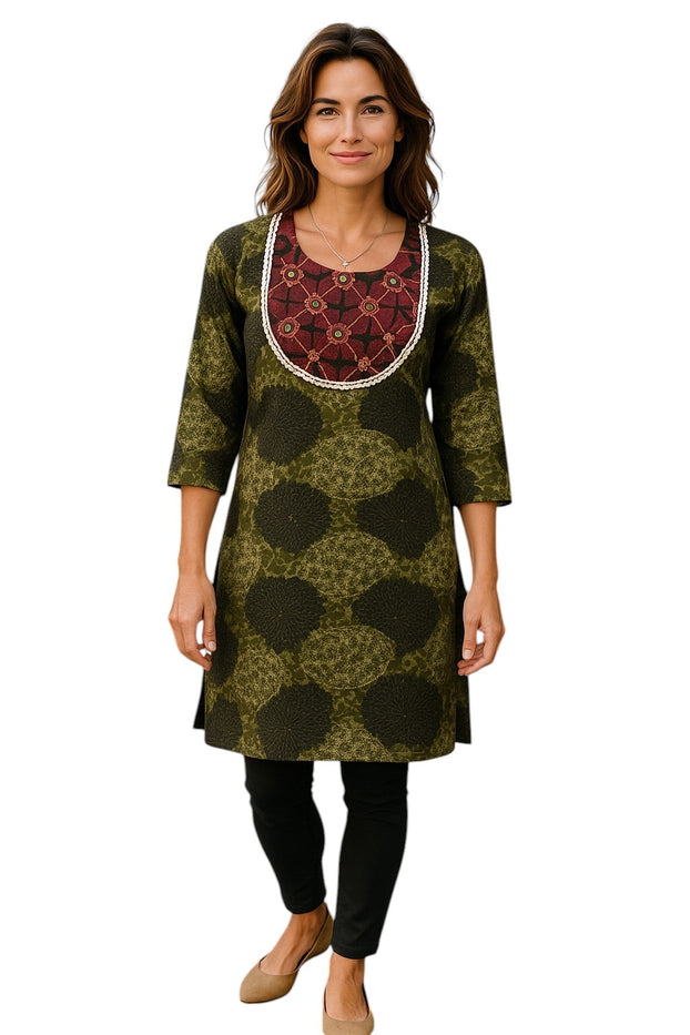 Geometric patterns tunic with multi color embroidered neckline, 3/4 Sleeve, Roundneck Kurti