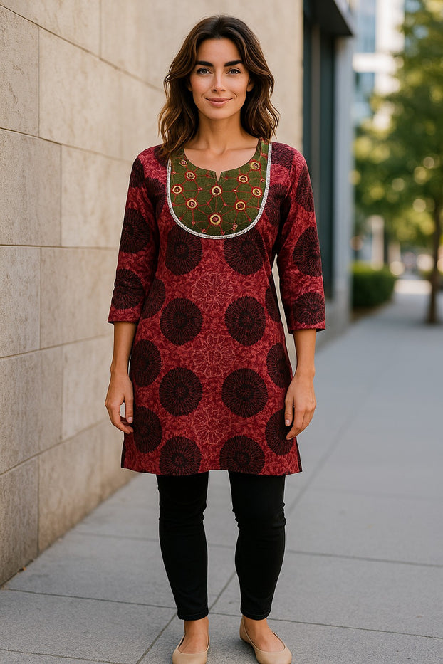 Geometric patterns tunic with multi color embroidered neckline, 3/4 Sleeve, Roundneck Kurti