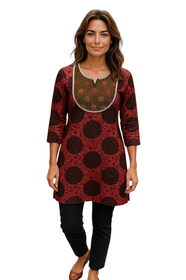Geometric patterns tunic with multi color embroidered neckline, 3/4 Sleeve, Roundneck Kurti