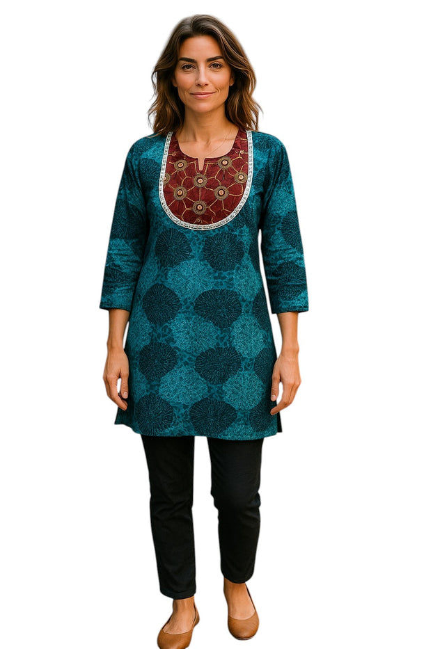 Geometric patterns tunic with multi color embroidered neckline, 3/4 Sleeve, Roundneck Kurti