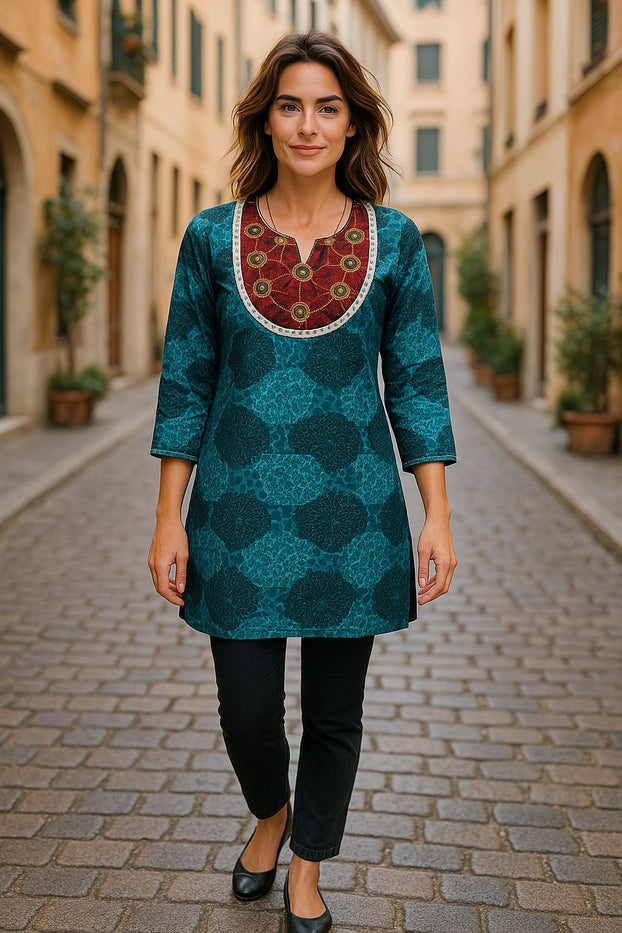 Geometric patterns tunic with multi color embroidered neckline, 3/4 Sleeve, Roundneck Kurti
