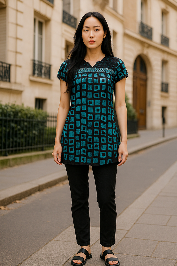 100% Cotton Ice cube Design, Short Sleeves Ballon sleeves and Black Round Neck, Tunic, Kurti.