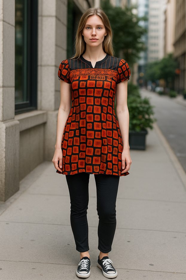 100% Cotton Ice cube Design, Short Sleeves Ballon sleeves and Black Round Neck, Tunic, Kurti.