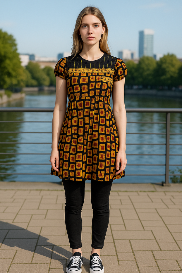 100% Cotton Ice cube Design, Short Sleeves Ballon sleeves and Black Round Neck, Tunic, Kurti.