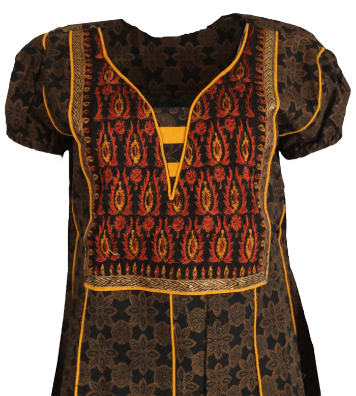 Black Kurti with Mango Patches 100% Cotton V-Neck Short Sleeves with Balloon Yel