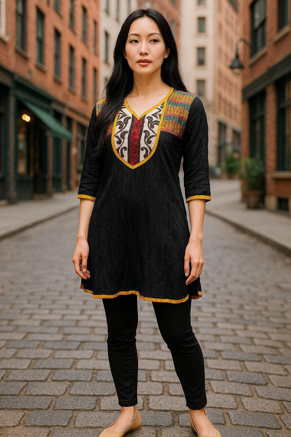Tunic for Women Solid Plain tunic with colorful embroidery around neckline and 3/4 sleeve and bottom hems, Knee Length Kurti, Top.