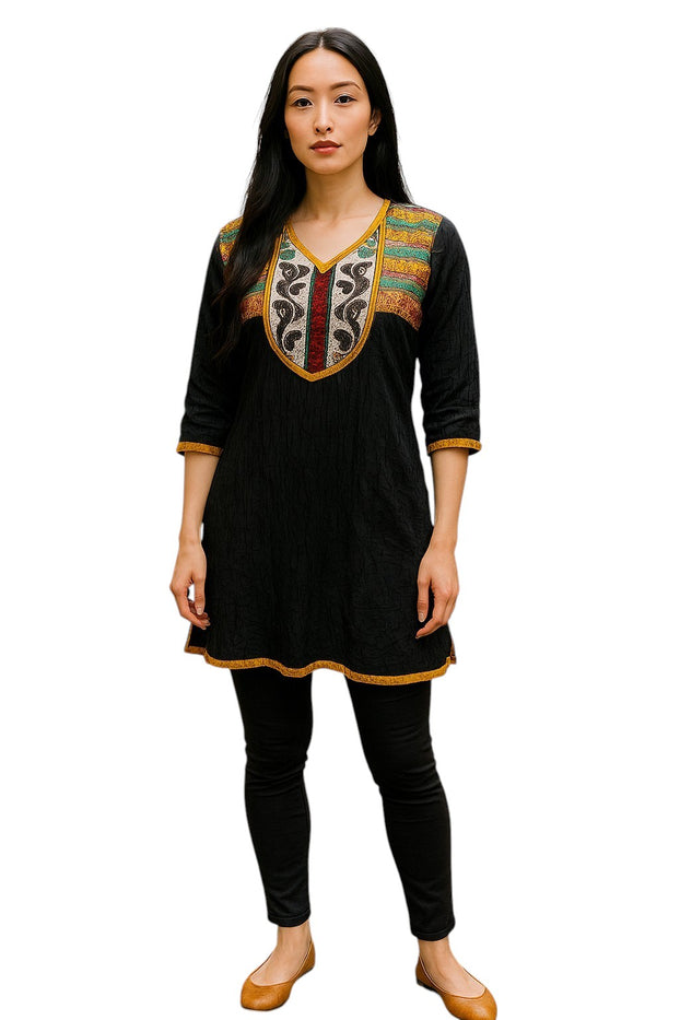 Tunic for Women Solid Plain tunic with colorful embroidery around neckline and 3/4 sleeve and bottom hems, Knee Length Kurti, Top.