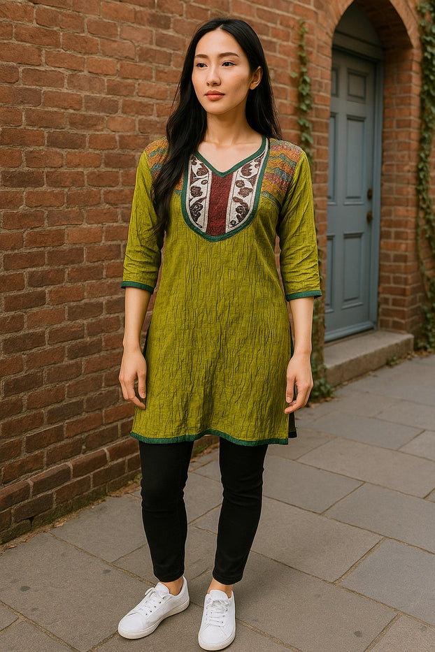 Tunic for Women Solid Plain tunic with colorful embroidery around neckline and 3/4 sleeve and bottom hems, Knee Length Kurti, Top.