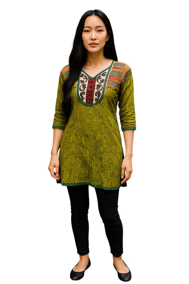 Tunic for Women Solid Plain tunic with colorful embroidery around neckline and 3/4 sleeve and bottom hems, Knee Length Kurti, Top.
