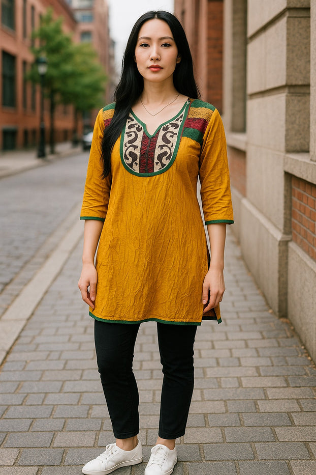 Tunic for Women Solid Plain tunic with colorful embroidery around neckline and 3/4 sleeve and bottom hems, Knee Length Kurti, Top.
