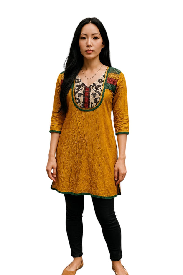 Tunic for Women Solid Plain tunic with colorful embroidery around neckline and 3/4 sleeve and bottom hems, Knee Length Kurti, Top.
