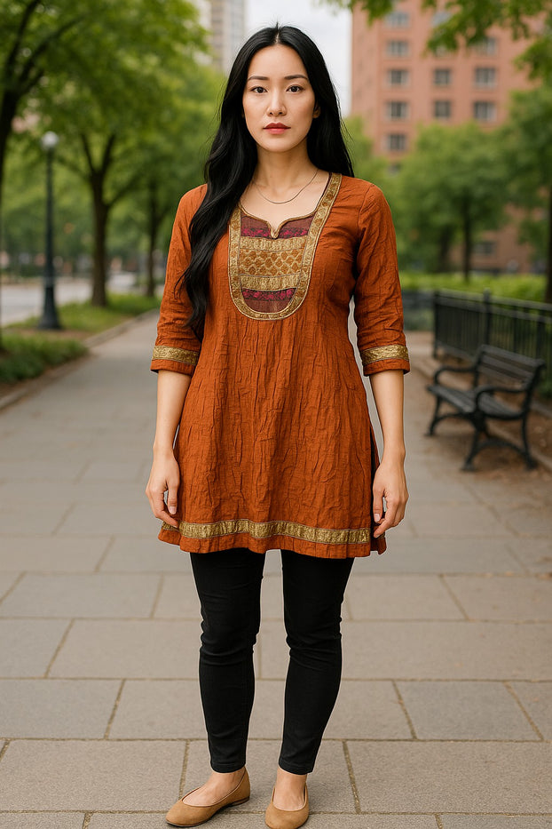 Tunic for Women Solid Plain tunic with colorful embroidery around neckline and 3/4 sleeve and bottom hems, Knee Length Kurti, Top.
