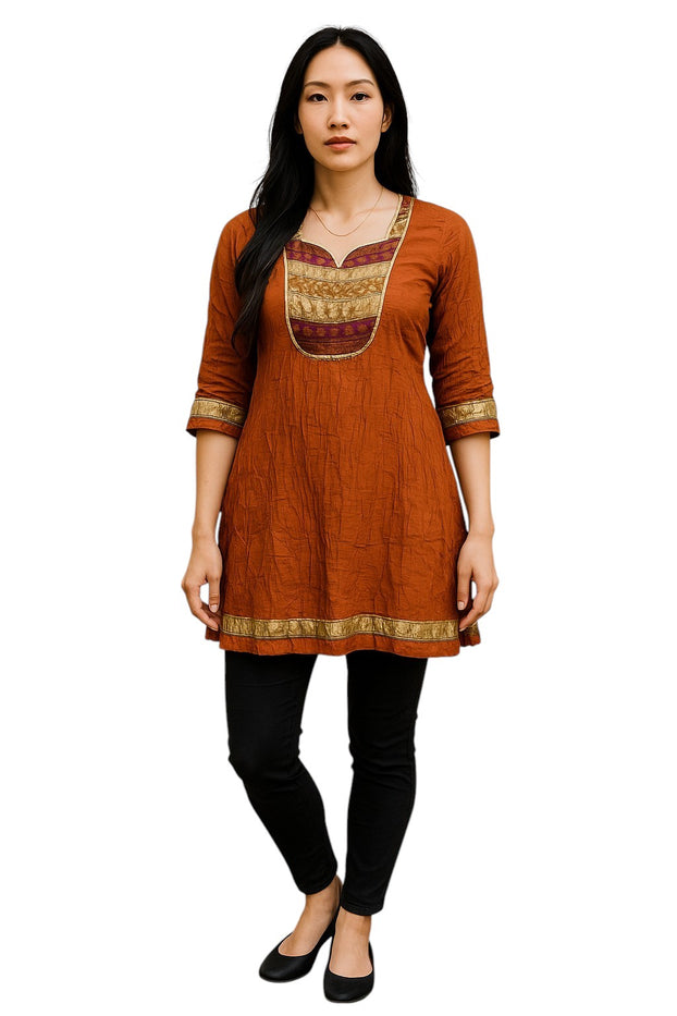 Tunic for Women Solid Plain tunic with colorful embroidery around neckline and 3/4 sleeve and bottom hems, Knee Length Kurti, Top.