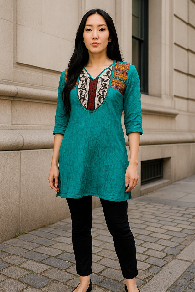 Tunic for Women Solid Plain tunic with colorful embroidery around neckline and 3/4 sleeve and bottom hems, Knee Length Kurti, Top.