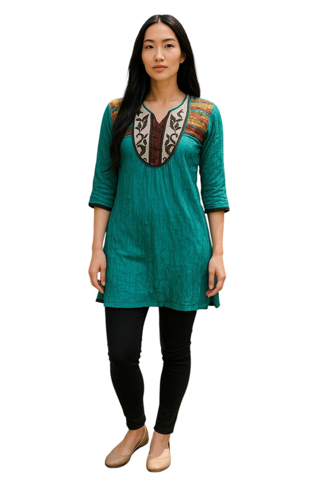 Tunic for Women Solid Plain tunic with colorful embroidery around neckline and 3/4 sleeve and bottom hems, Knee Length Kurti, Top.