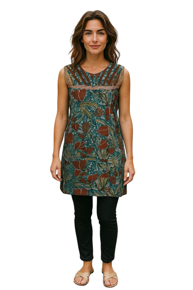 Geometric and Leaf Pattern vertical stripes neckline with silver button, Round neck, Sleeveless Kurti, Top.
