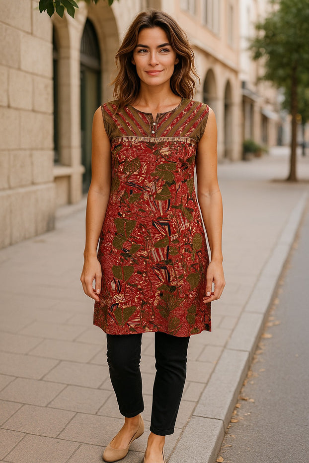 Geometric and Leaf Pattern vertical stripes neckline with silver button, Round neck, Sleeveless Kurti, Top.