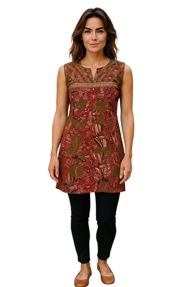 Geometric and Leaf Pattern vertical stripes neckline with silver button, Round neck, Sleeveless Kurti, Top.