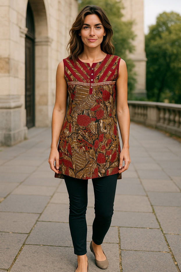 Geometric and Leaf Pattern vertical stripes neckline with silver button, Round neck, Sleeveless Kurti, Top.