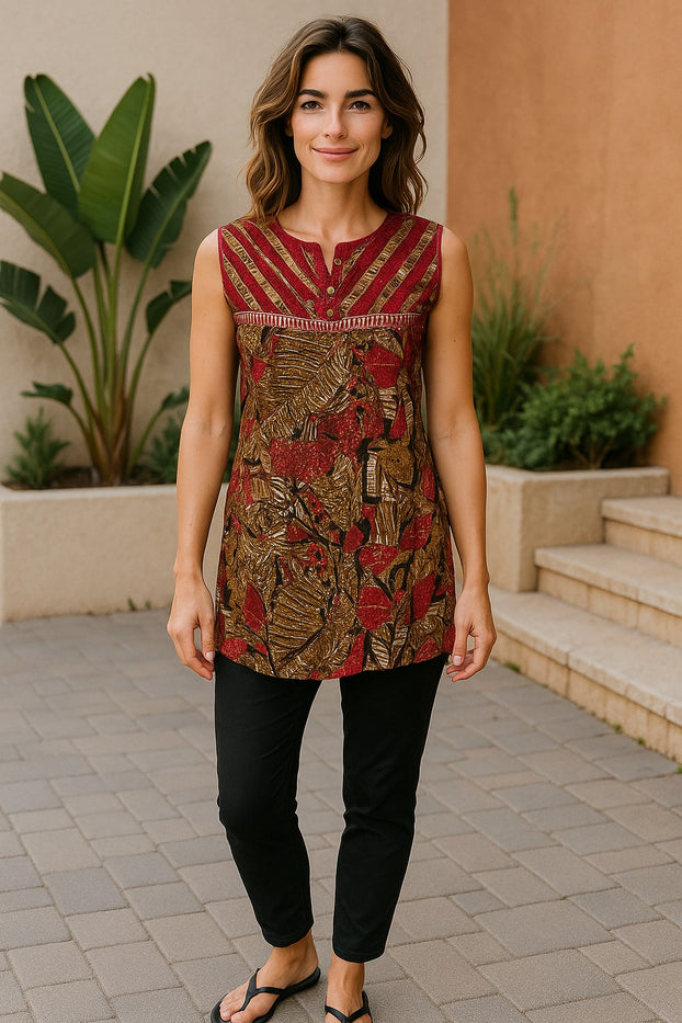 Geometric and Leaf Pattern vertical stripes neckline with silver button, Round neck, Sleeveless Kurti, Top.