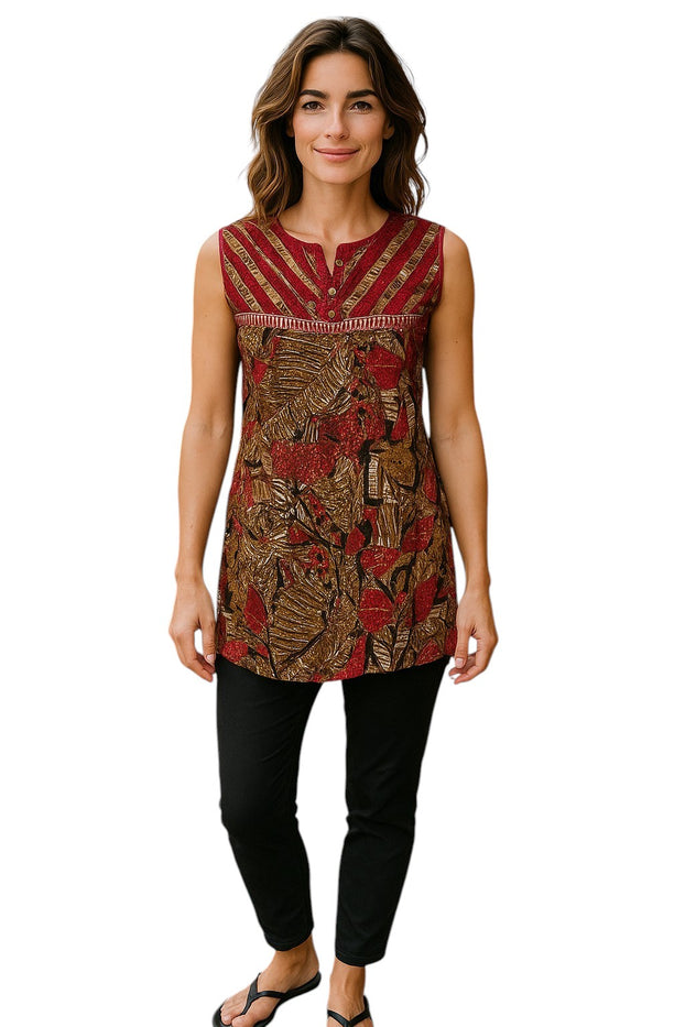 Geometric and Leaf Pattern vertical stripes neckline with silver button, Round neck, Sleeveless Kurti, Top.