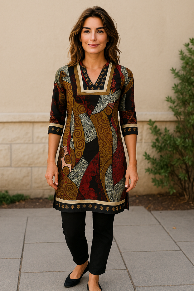 Paisley, Floral, Geometric Pattern with multi colorful patchwork design, 3/4 sleeves, Knee length Tunic, Kurti.