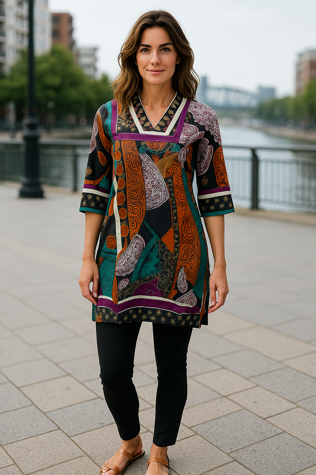 Paisley, Floral, Geometric Pattern with multi colorful patchwork design, 3/4 sleeves, Knee length Tunic, Kurti.