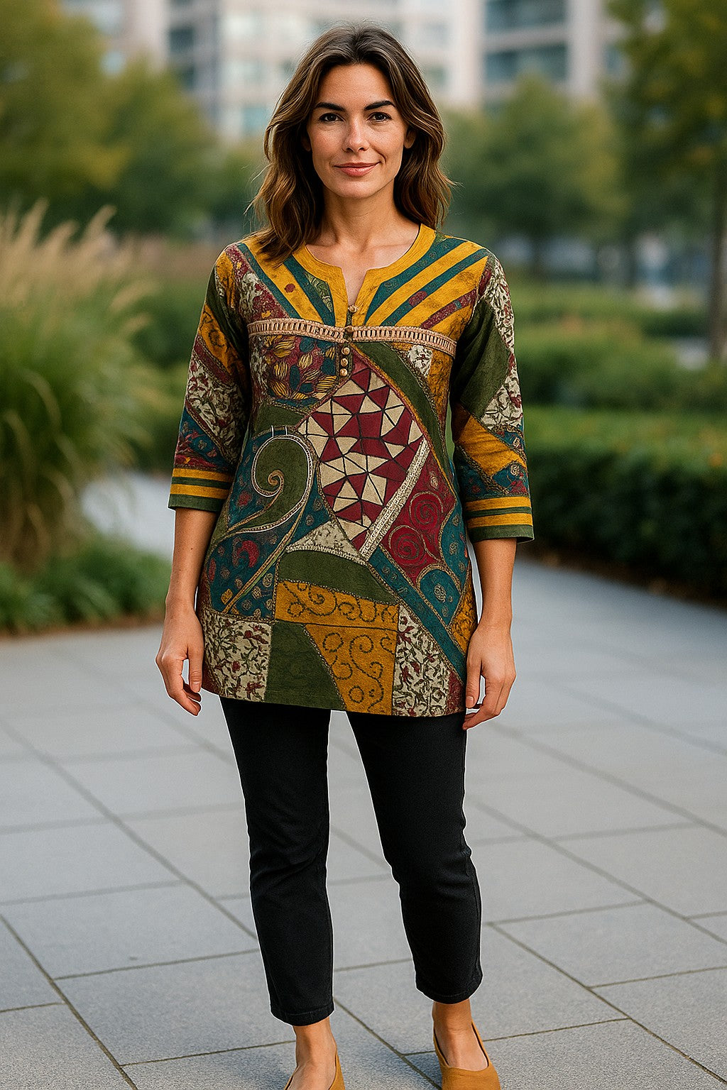 Geometric and Leaf Pattern vertical stripes neckline with silver button, Round neck, 3/4 Sleeve Kurti, Top.