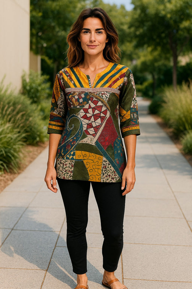 Geometric and Leaf Pattern vertical stripes neckline with silver button, Round neck, 3/4 Sleeve Kurti, Top.