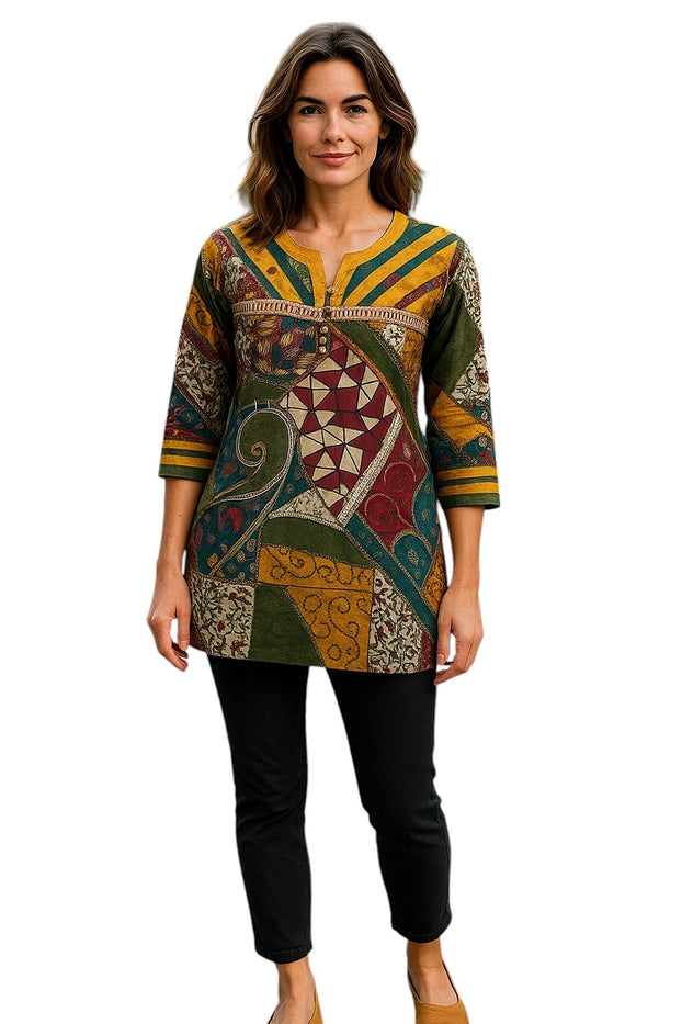 Geometric and Leaf Pattern vertical stripes neckline with silver button, Round neck, 3/4 Sleeve Kurti, Top.