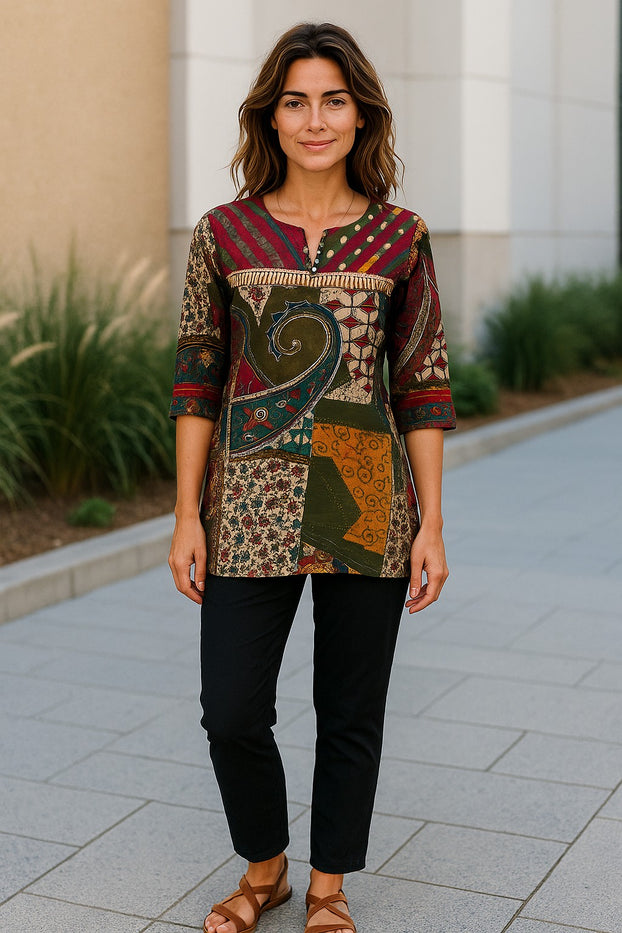 Geometric and Leaf Pattern vertical stripes neckline with silver button, Round neck, 3/4 Sleeve Kurti, Top.