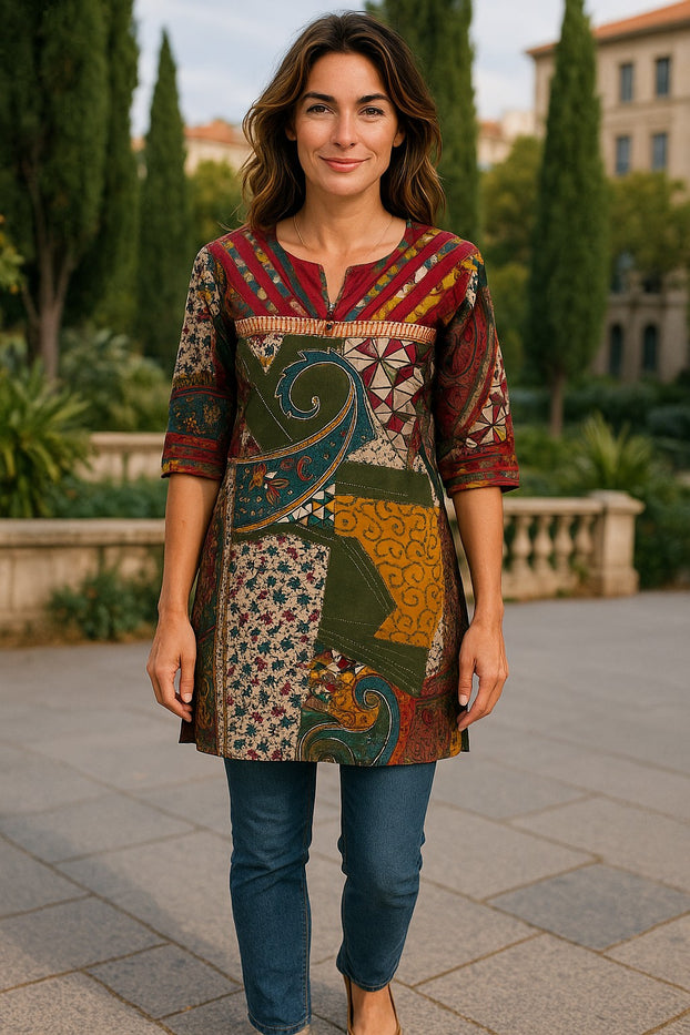 Geometric and Leaf Pattern vertical stripes neckline with silver button, Round neck, 3/4 Sleeve Kurti, Top.
