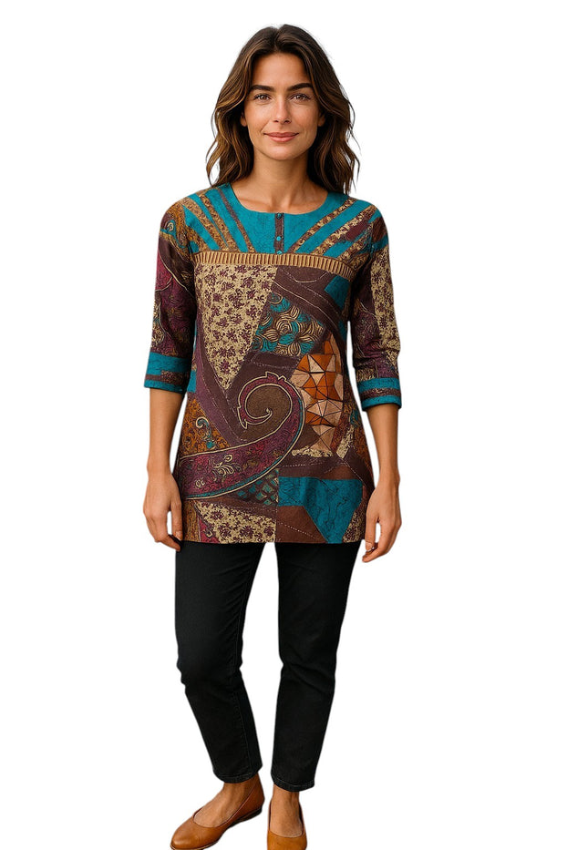 Geometric and Leaf Pattern vertical stripes neckline with silver button, Round neck, 3/4 Sleeve Kurti, Top.