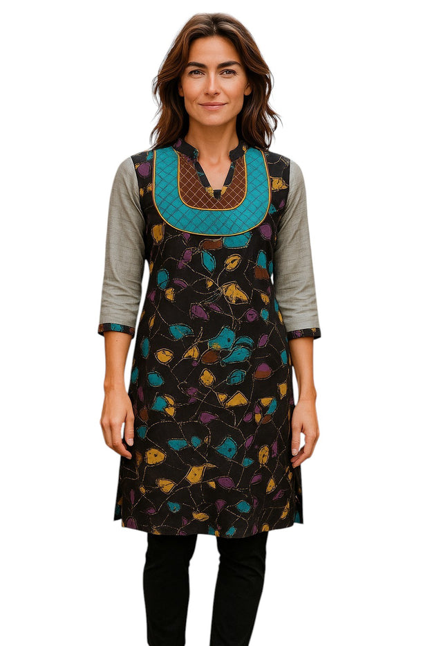 Black kurti with a colorful leaf pattern with two tone neckline, Round Neck, 3/4 Sleeveless Kurti, Top.