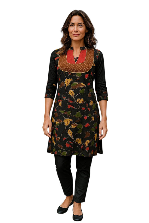 Black kurti with a colorful leaf pattern with two tone neckline, Round Neck, 3/4 Sleeveless Kurti, Top.