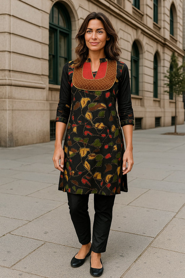Black kurti with a colorful leaf pattern with two tone neckline, Round Neck, 3/4 Sleeveless Kurti, Top.