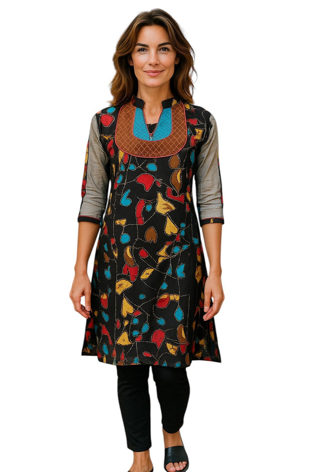 Black kurti with a colorful leaf pattern with two tone neckline, Round Neck, 3/4 Sleeveless Kurti, Top.