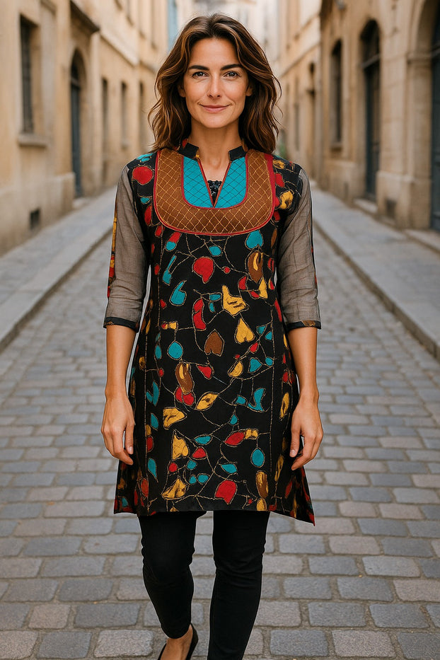Black kurti with a colorful leaf pattern with two tone neckline, Round Neck, 3/4 Sleeveless Kurti, Top.