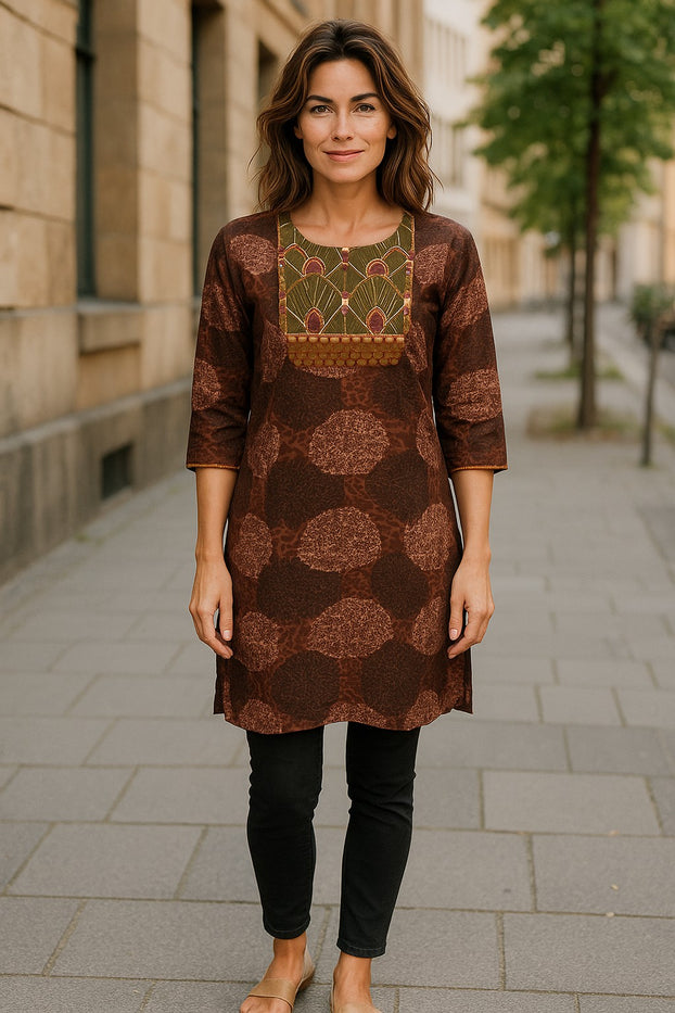 Geometric patterns tunic with multi color embroidered neckline, 3/4 Sleeve, Roundneck Kurti, Top.