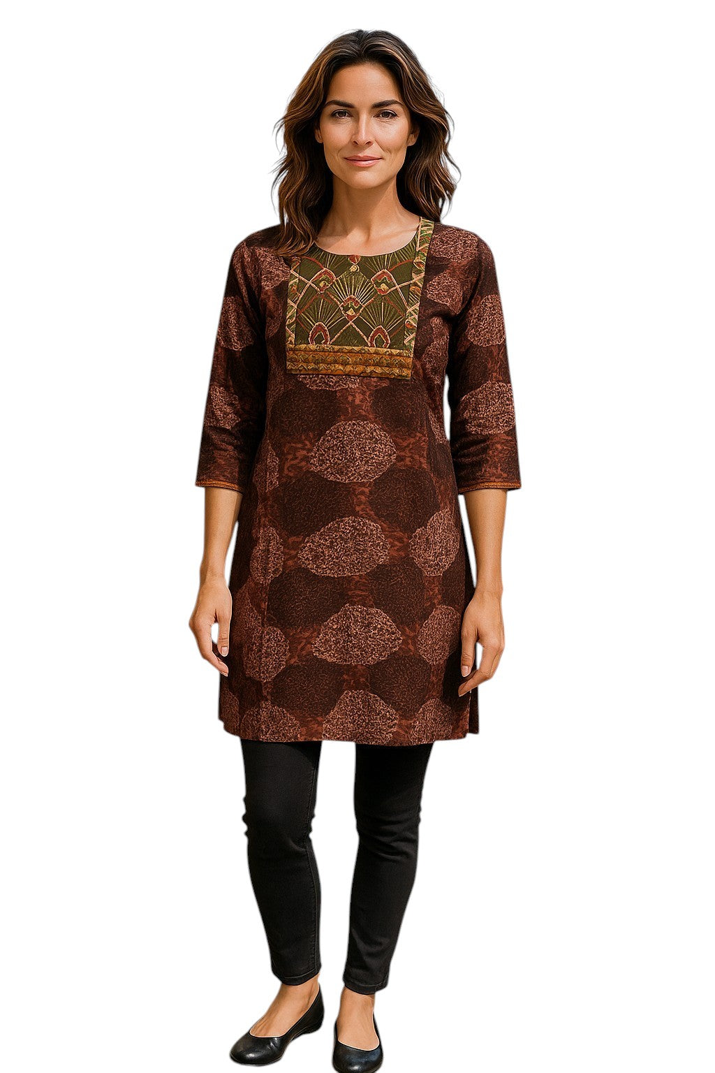Geometric patterns tunic with multi color embroidered neckline, 3/4 Sleeve, Roundneck Kurti, Top.
