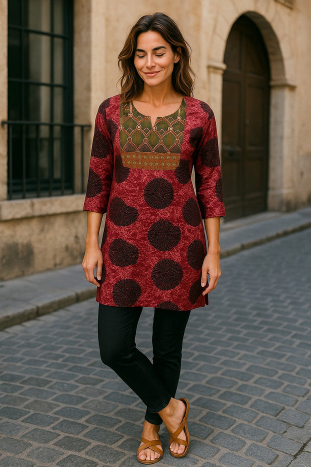 Geometric patterns tunic with multi color embroidered neckline, 3/4 Sleeve, Roundneck Kurti, Top.